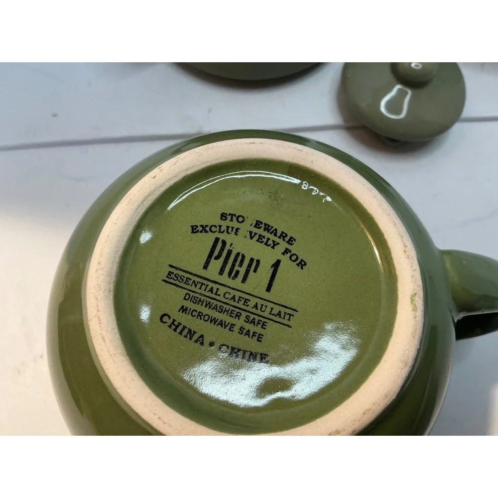 Pier 1 Tea for One Set Sage Green Ceramic Stackable Teapot and Cup Small Minimal
